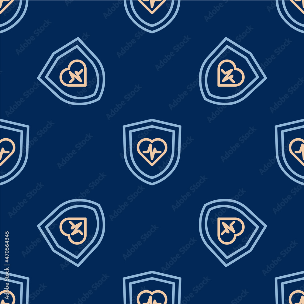 Line Life insurance with shield icon isolated seamless pattern on blue background. Security, safety, protection, protect concept. Vector