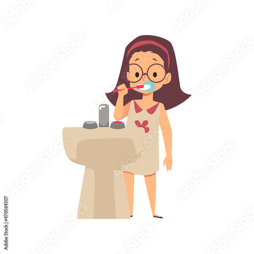 Cute child girl brushes teeth behind wash basin in the bathroom, flat vector illustration isolated on white background.