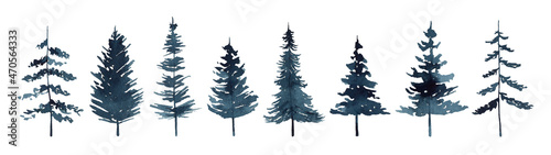 Set of watercolor pines and firs isolated on white background. Abstract silhouette trees. Perfect for holiday and Christmas designs, cards, decorations, invitations. Hand painted illustration.