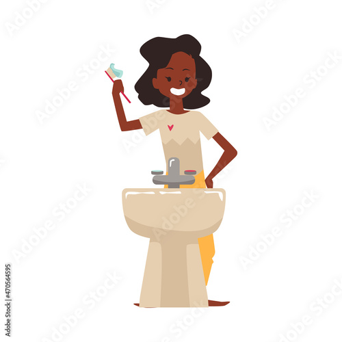 Happy smiling teenager brushes teeth, flat vector illustration isolated on white background.
