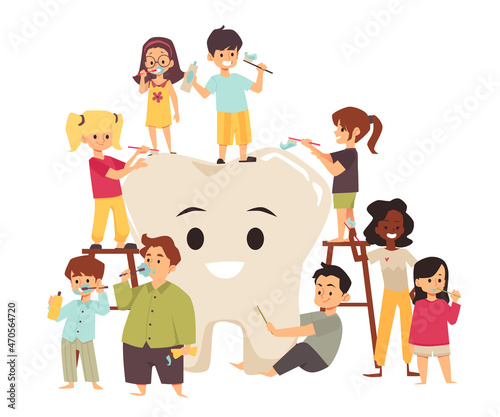 Kids dentistry and oral hygiene banner, flat vector illustration isolated.