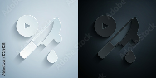 Paper cut Thriller movie icon isolated on grey and black background. Bloody knife. Suspenseful cinema genre, survival horror. Shocking films with gore and violence. Paper art style. Vector