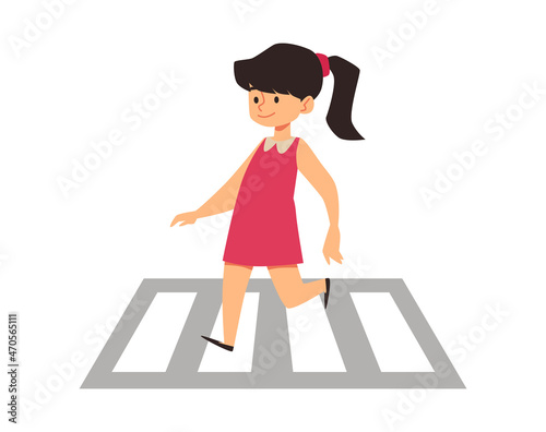 Little child girl crossing road on crossroads flat vector illustration isolated.