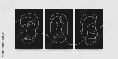 Abstract one line face portrait wall decoration. Continuous line abstract faces on black background. Minimal wall art decoration, poster, print art, modular picture. Vector