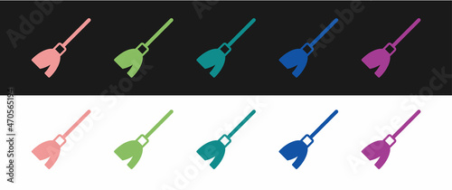 Set Handle broom icon isolated on black and white background. Cleaning service concept. Vector