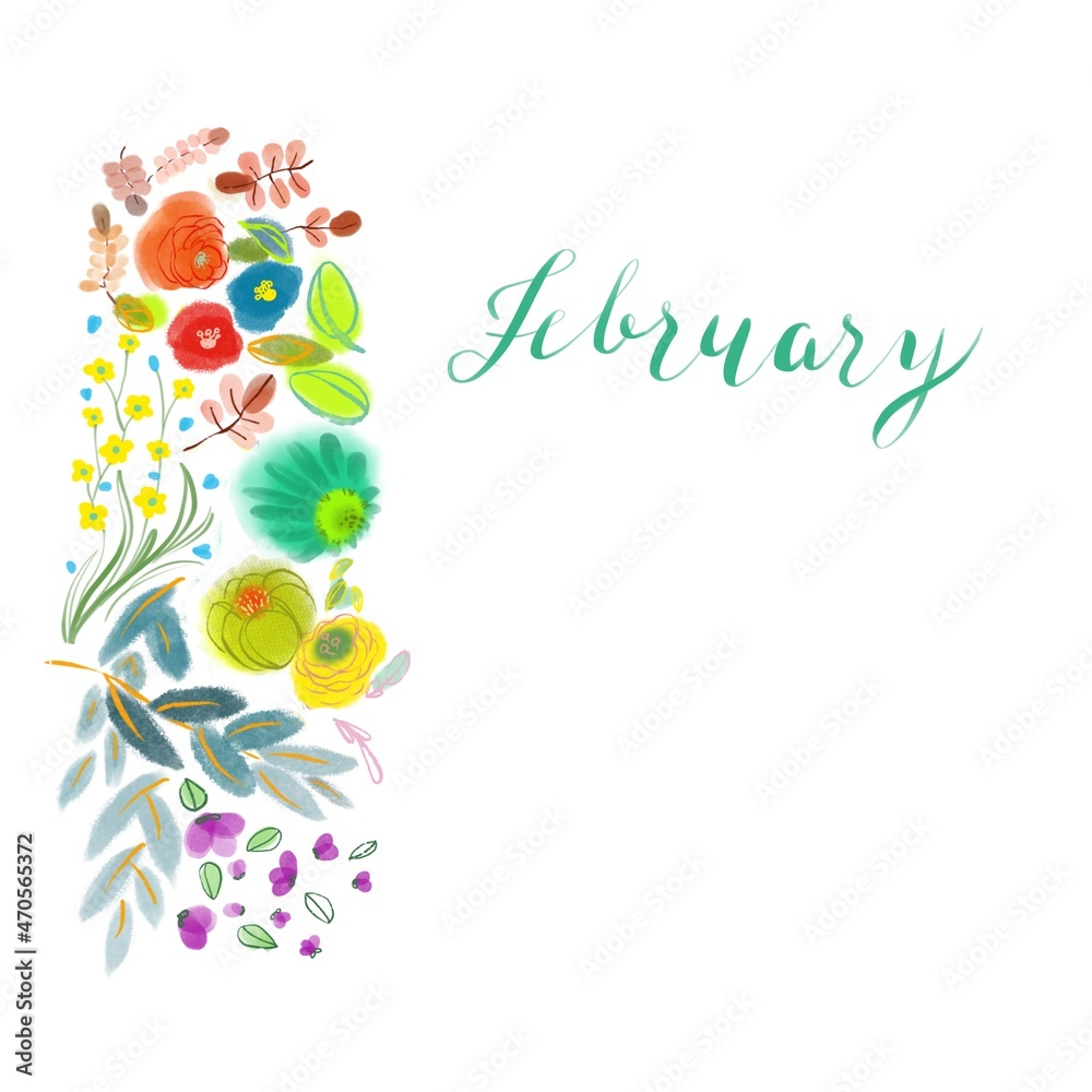 colorful background with flowers,February month. Hand drawn to watercolor brush.