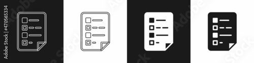 Set Clipboard with checklist icon isolated on black and white background. Control list symbol. Survey poll or questionnaire feedback form. Vector