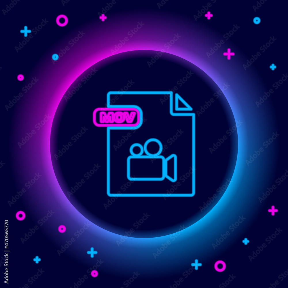 Glowing neon line MOV file document. Download mov button icon isolated on black background. MOV file symbol. Audio and video collection. Colorful outline concept. Vector Glowing neon line MOV file document. Download mov button icon isolated on black background. MOV file symbol. Audio and video collection. Colorful outline concept. Vector
