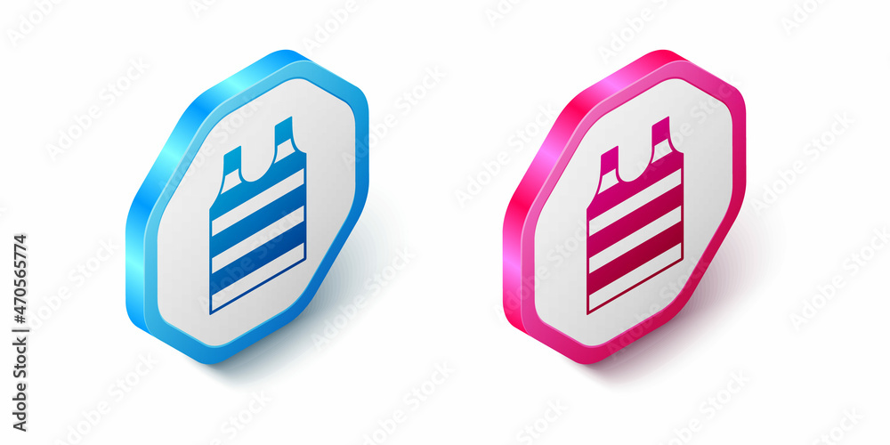 Isometric Striped sailor t-shirt icon isolated on white background. Marine object. Hexagon button. Vector