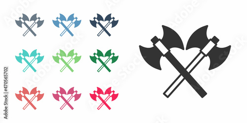 Black Crossed medieval axes icon isolated on white background. Battle axe, executioner axe. Medieval weapon. Set icons colorful. Vector