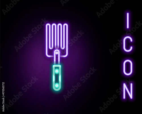 Glowing neon line Garden fork icon isolated on black background. Pitchfork icon. Tool for horticulture  agriculture  farming. Colorful outline concept. Vector