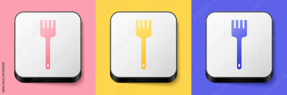 Isometric Fork icon isolated on pink, yellow and blue background. Cutlery symbol. Square button. Vector Isometric Fork icon isolated on pink, yellow and blue background. Cutlery symbol. Square button. Vector