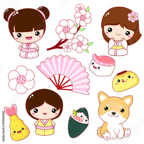 Set of cute icons in kawaii style. Japanese traditional toy kokeshi doll in kimono, Akita Inu puppy, sakura flowers, tempura, fan. Vector illustration EPS8  