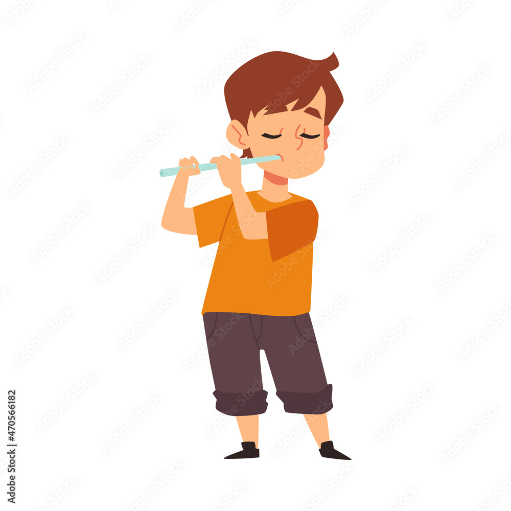 Little boy stands playing flute flat cartoon vector illustration isolated.