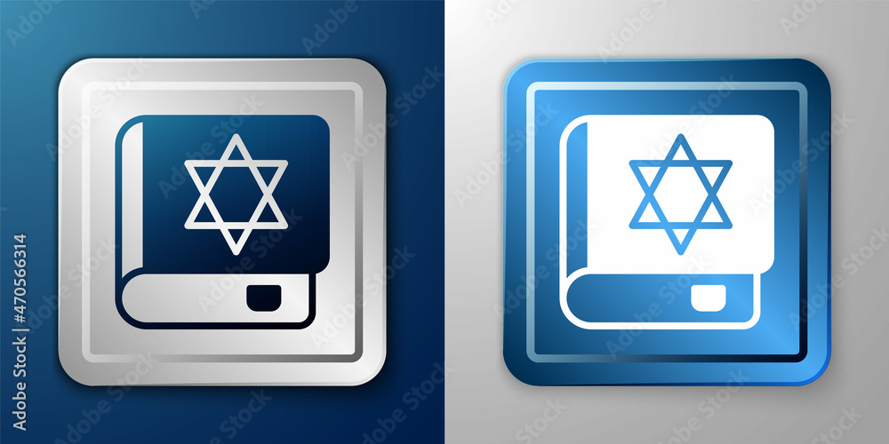 White Jewish torah book icon isolated on blue and grey background. On the cover of the Bible is the image of the Star of David. Silver and blue square button. Vector White Jewish torah book icon isolated on blue and grey background. On the cover of the Bible is the image of the Star of David. Silver and blue square button. Vector