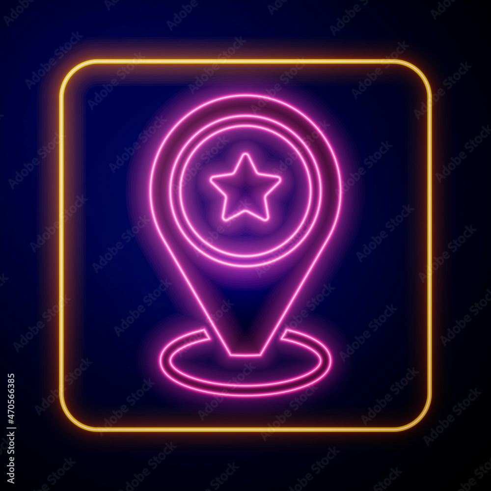 Glowing neon Map pointer with star icon isolated on black background. Star favorite pin map icon. Map markers. Vector Glowing neon Map pointer with star icon isolated on black background. Star favorite pin map icon. Map markers. Vector