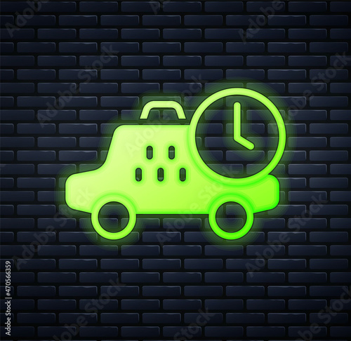 Glowing neon Taxi waiting time icon isolated on brick wall background. Car deadline, schedule ride. Vector