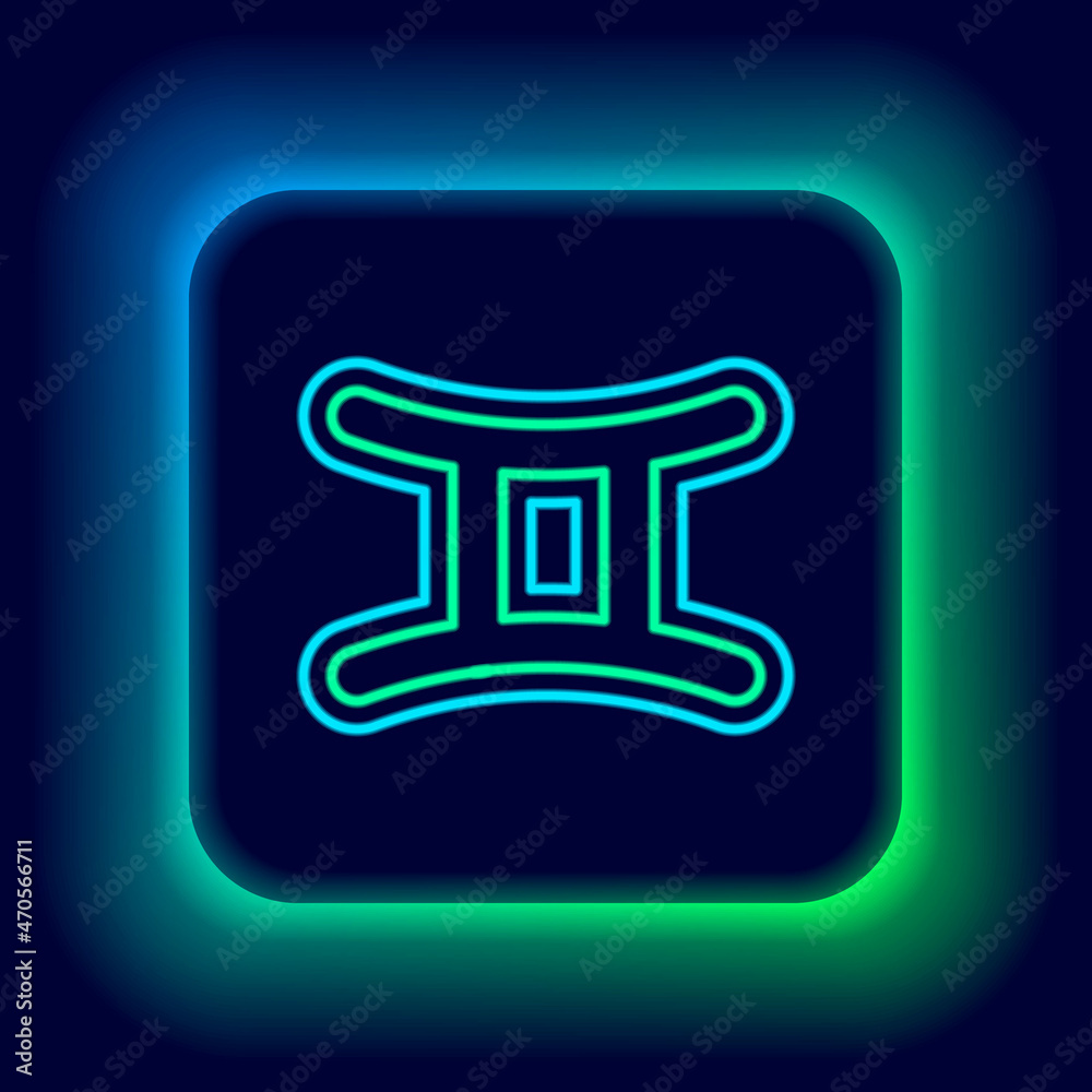 Glowing neon line Gemini zodiac sign icon isolated on black background. Astrological horoscope collection. Colorful outline concept. Vector Glowing neon line Gemini zodiac sign icon isolated on black background. Astrological horoscope collection. Colorful outline concept. Vector