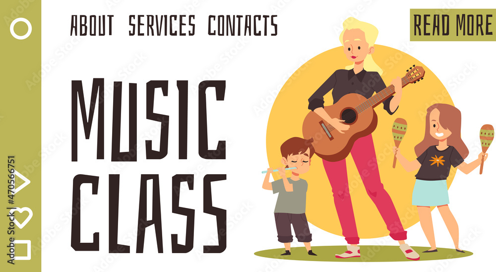 Music class for kids website with teacher and pupils, flat vector illustration. Music class for kids website with teacher and pupils, flat vector illustration.