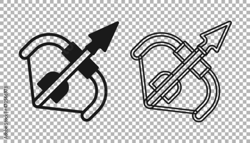 Black Medieval bow and arrow icon isolated on transparent background. Medieval weapon. Vector