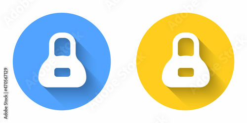 White Weight icon isolated with long shadow background. Kilogram weight block for weight lifting and scale. Mass symbol. Circle button. Vector