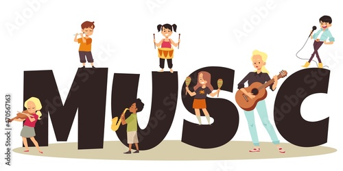 Children music education banner template, flat vector illustration isolated.