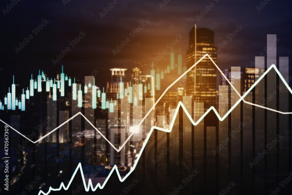 Double exposure of growth graph and candlesticks Double exposure of growth graph and candlesticks