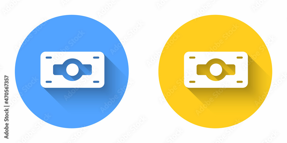 White Stacks paper money cash icon isolated with long shadow background. Money banknotes stacks. Bill currency. Circle button. Vector White Stacks paper money cash icon isolated with long shadow background. Money banknotes stacks. Bill currency. Circle button. Vector