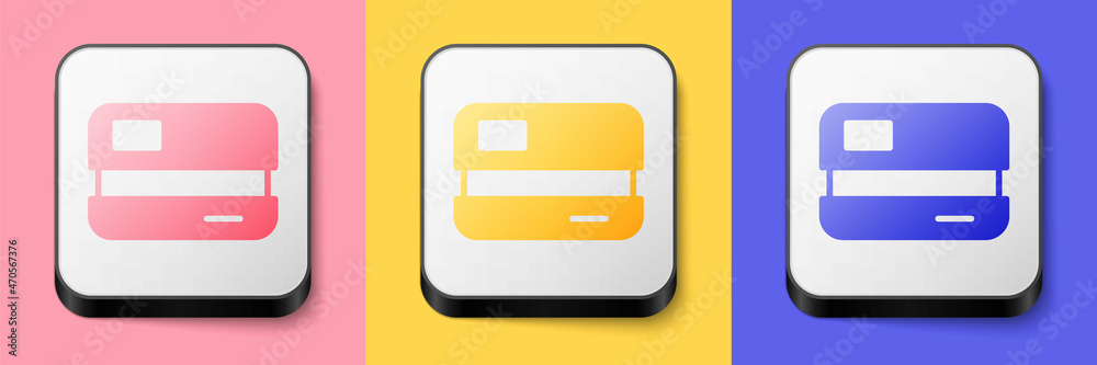 Isometric Credit card icon isolated on pink, yellow and blue background. Online payment. Cash withdrawal. Financial operations. Shopping sign. Square button. Vector Isometric Credit card icon isolated on pink, yellow and blue background. Online payment. Cash withdrawal. Financial operations. Shopping sign. Square button. Vector