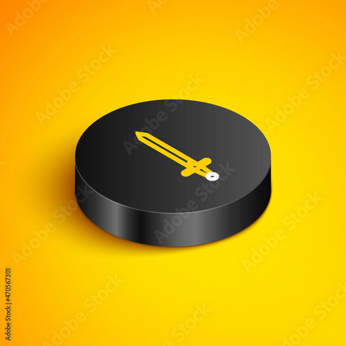 Isometric line Medieval sword icon isolated on yellow background. Medieval weapon. Black circle button. Vector