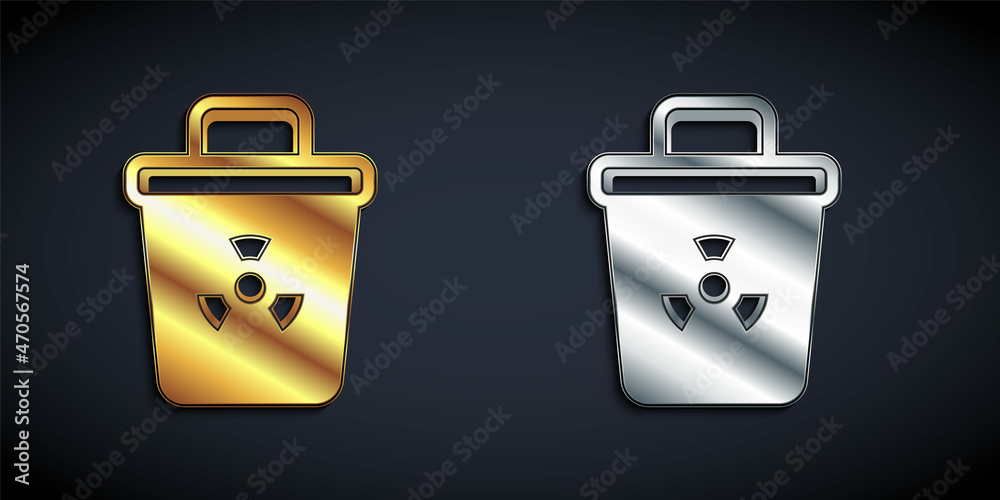Gold and silver Infectious waste icon isolated on black background. Tank for collecting radioactive waste. Dumpster or container. Biohazardous substances. Long shadow style. Vector Gold and silver Infectious waste icon isolated on black background. Tank for collecting radioactive waste. Dumpster or container. Biohazardous substances. Long shadow style. Vector