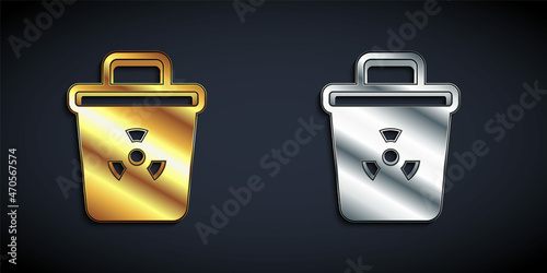 Gold and silver Infectious waste icon isolated on black background. Tank for collecting radioactive waste. Dumpster or container. Biohazardous substances. Long shadow style. Vector