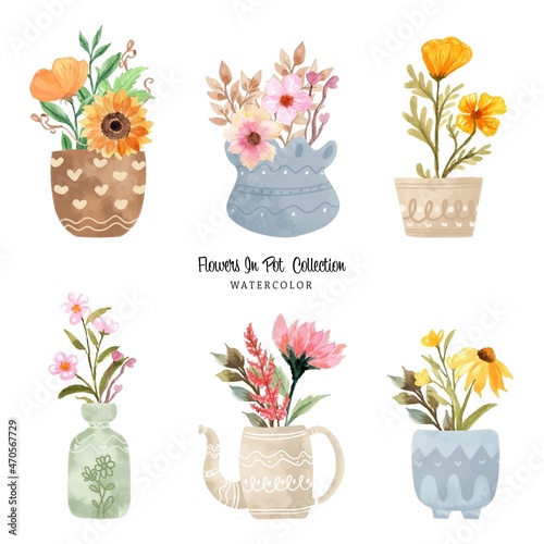 Set of Watercolor Flower in Pot