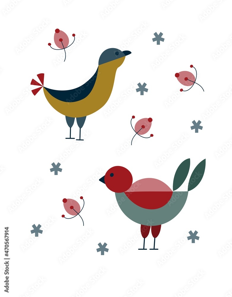Scandinavian style, Birds, Winter, December, holiday, congratulations, forest, snow, New Year, festive decor, postcard, concept, clipart