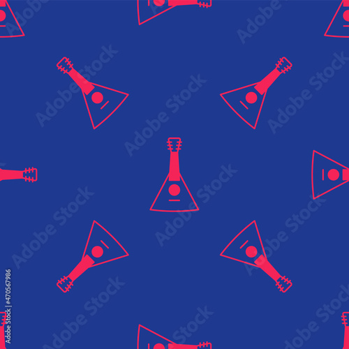 Red Musical instrument balalaika icon isolated seamless pattern on blue background. Vector