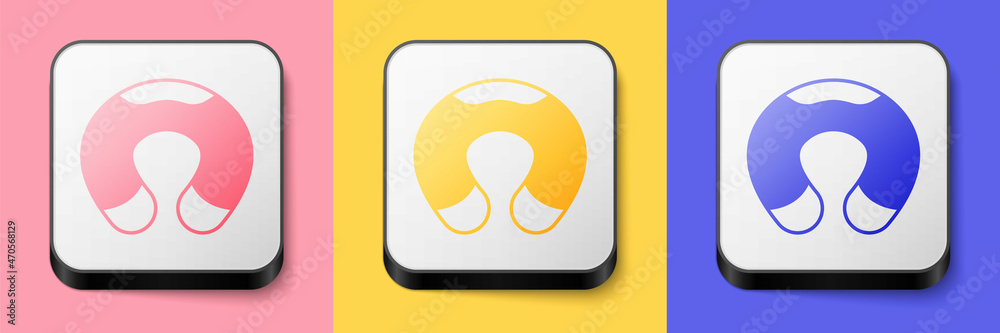 Isometric Travel neck pillow icon isolated on pink, yellow and blue background. Pillow U-shaped. Square button. Vector Isometric Travel neck pillow icon isolated on pink, yellow and blue background. Pillow U-shaped. Square button. Vector