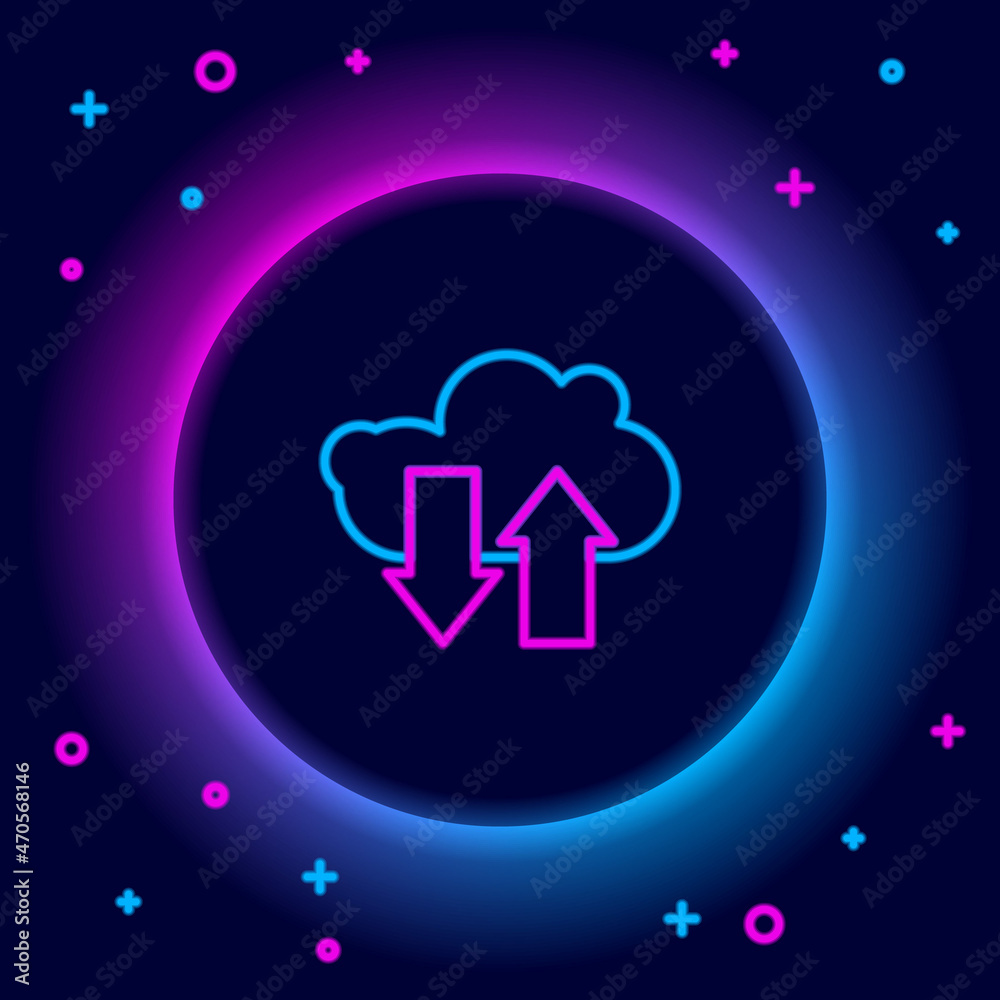 Glowing neon line Cloud download and upload icon isolated on black background. Colorful outline concept. Vector Glowing neon line Cloud download and upload icon isolated on black background. Colorful outline concept. Vector