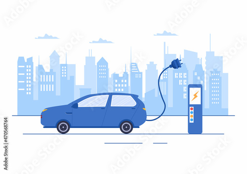 Charging Electric Car Batteries with the Concept of Charger and Cable Plugs that use Green Environment, Ecology, Sustainability or Clean Air. Vector illustration