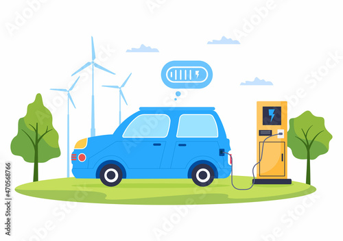 Charging Electric Car Batteries with the Concept of Charger and Cable Plugs that use Green Environment, Ecology, Sustainability or Clean Air. Vector illustration