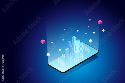 Virtual city on tablet and background blue.