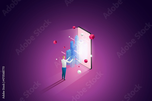 Man touching city on mobile and purple background.