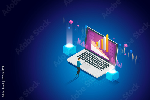 Businessman using laptop data analysis infographic.