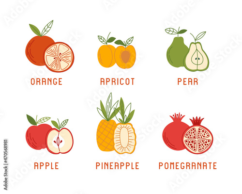 Set of fruits: orange, apricot, pear, apple, pineapple,  pomegranate. Vector flat illustration with simple plant foods on a white background