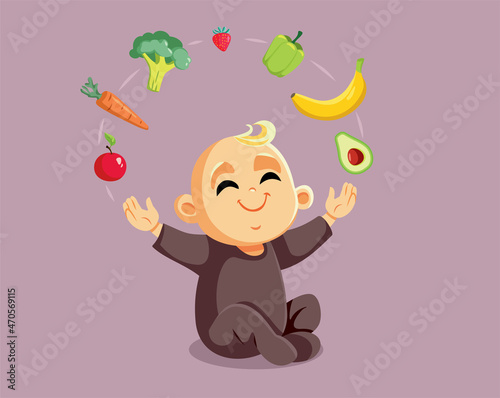Cute Little Baby Juggling Fruits and Vegetables Vector Cartoon