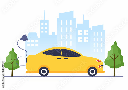 Fototapeta Naklejka Na Ścianę i Meble -  Charging Electric Car Batteries with the Concept of Charger and Cable Plugs that use Green Environment, Ecology, Sustainability or Clean Air. Vector illustration