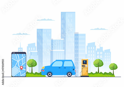 Charging Electric Car Batteries with the Concept of Charger and Cable Plugs that use Green Environment, Ecology, Sustainability or Clean Air. Vector illustration