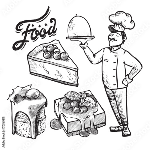 Vector selection of the restaurant - chef with a dish, delicious desserts, inscription