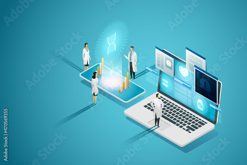 Group doctors see medical icons through screen of notebooks and mobile phones.