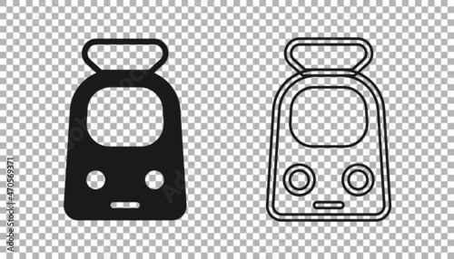 Black Train and railway icon isolated on transparent background. Public transportation symbol. Subway train transport. Metro underground. Vector