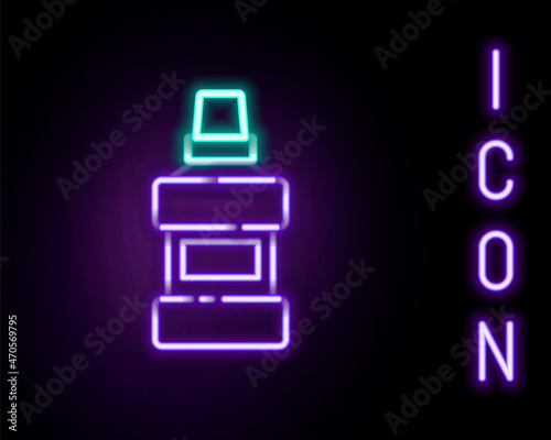 Glowing neon line Mouthwash plastic bottle and glass icon isolated on black background. Liquid for rinsing mouth. Oralcare equipment. Colorful outline concept. Vector